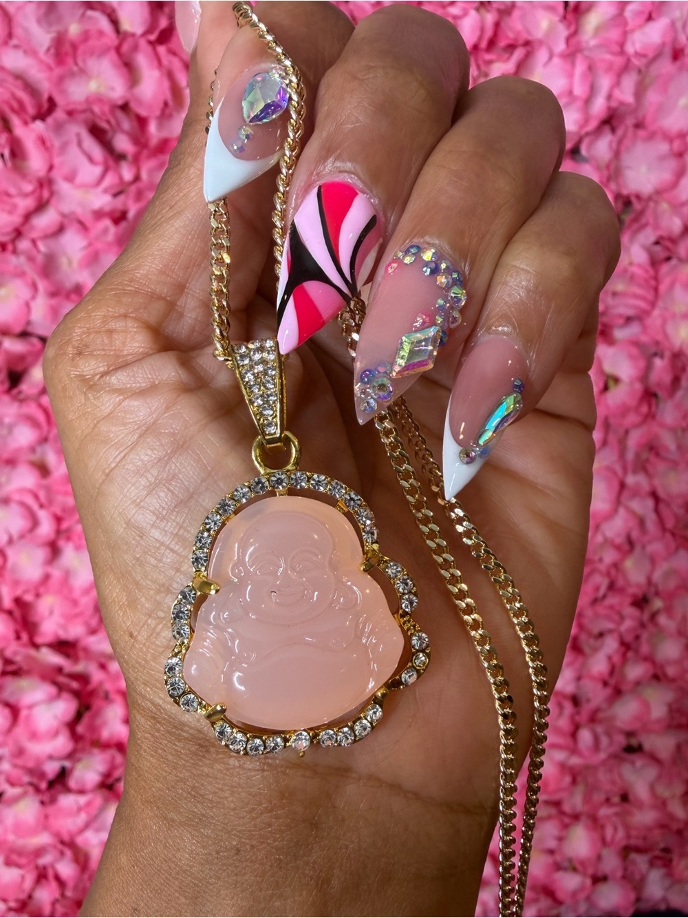 Pink Jade Buddha Pendant Gold Chain Necklace